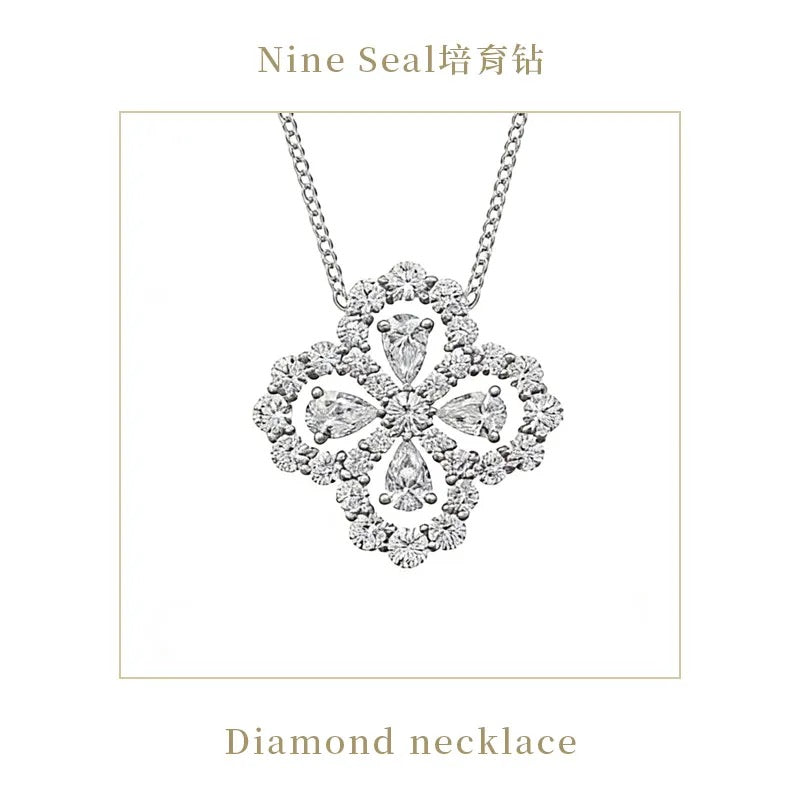 Lab Diamond 14K White Gold Four Leaf Clover Pendant VSSI D E F Quatrefoil Pendant -Four Petal Flower Bloom Floral Necklace Gift for Her Main image